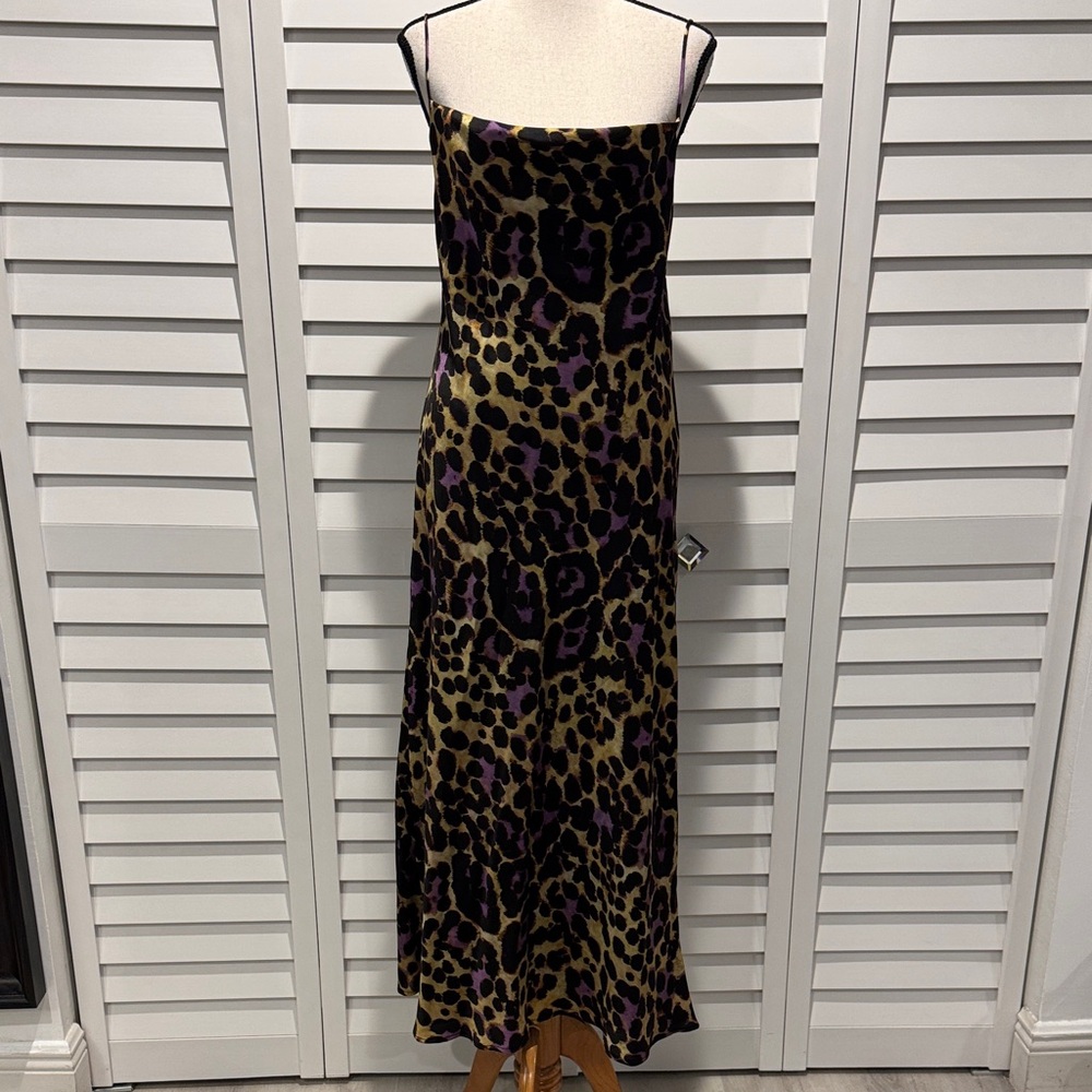 Zara Satin printed slip lined Dress with a Leopard Black, Purple, Brown print. - Picture 8 of 17